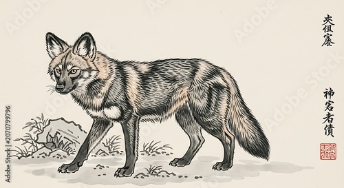 A detailed illustration of a fox walking through a natural landscape with traditional asian art elements isolated on white background