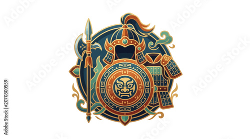 Ancient Chinese Warrior Emblem with Armor, Shield, and Spear - Traditional Art Style