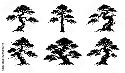 Japanese Pine Tree Ink Painting Collection Vector Set with Multiple Traditional Styles