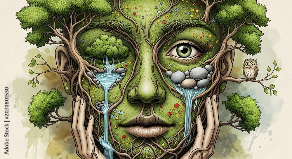 Obraz premium Close-up of a detailed green monster face with leaves.