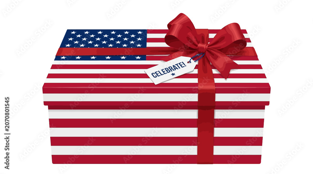 Fototapeta premium American flag gift box, patriotic present, red white blue striped box, gift box with bow