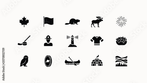 Canadian culture and nature icon collection with beaver maple leaf moose igloo and hockey.