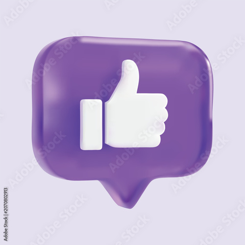 3d render of a purple social media like notification icon with a white thumbs up symbol