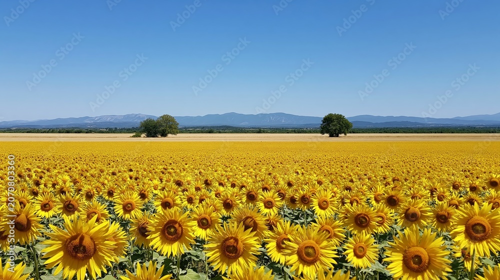 Fototapeta premium Vast sunflower field blooming under a clear blue sky, golden yellow flowers creating a beautiful agricultural scene