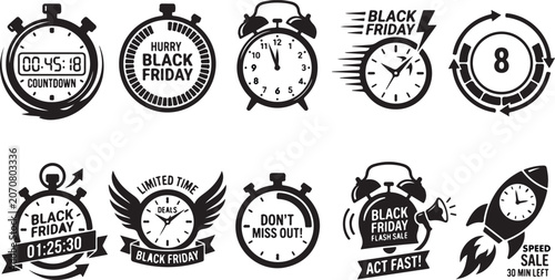 Countdown Timer and Alarm Clock Sale Badge Silhouette Set with Limited Offer Labels, Shopping Promo Seals and Discount Time Icons