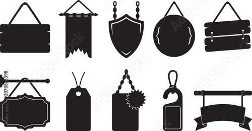 Hanging Signboard and Retail Tag Silhouette Set with Badge Plaque, Banner Panel and Blank Display Label Elements
