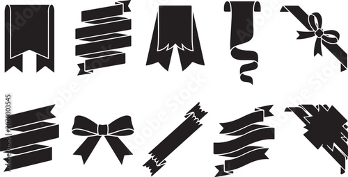 Sale Ribbon Strip and Gift Bow Silhouette Set for Retail Tag Decoration and Promo Wrap Elements
