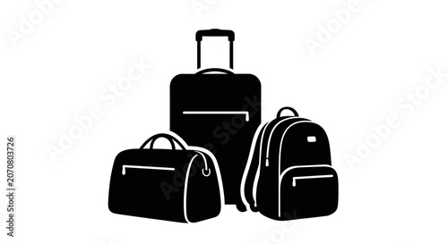 Bild auf Leinwand Suitcase duffel bag and backpack silhouette on a white background
