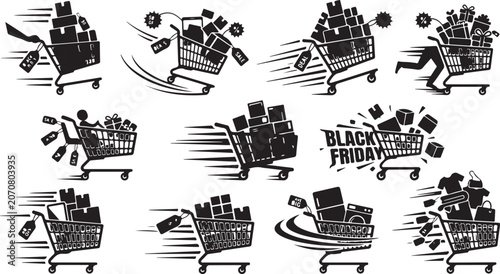 Black Friday Shopping Cart Silhouette Set with Sale Bags, Gift Boxes, Discount Labels and Retail Promotion Elements