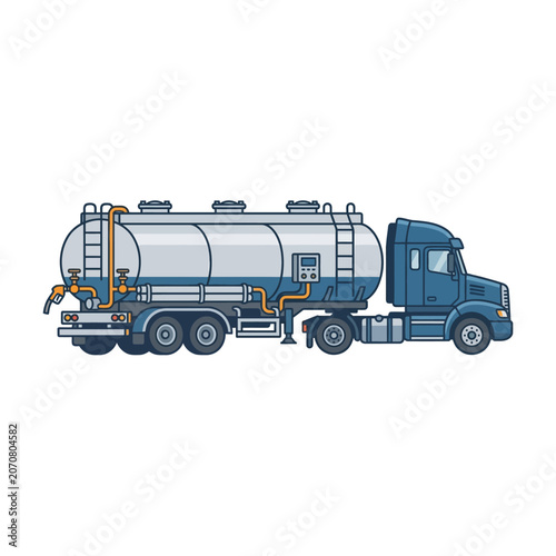 Semi-truck with silver liquid tanker trailer.
