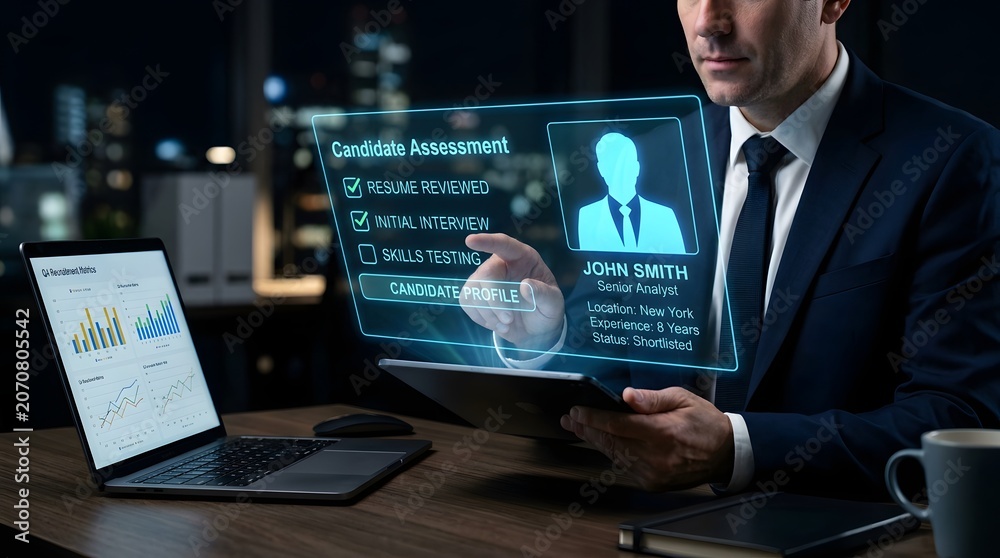 Fototapeta premium A professional businessman using a futuristic holographic interface
