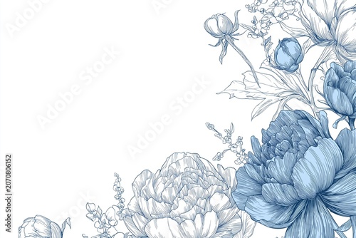 Blue peonies floral illustration on white background with copy space