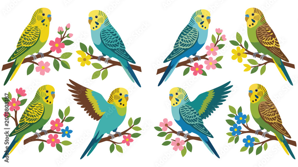 Fototapeta premium Eight illustrations of parakeets perched on blooming branches with flowers.