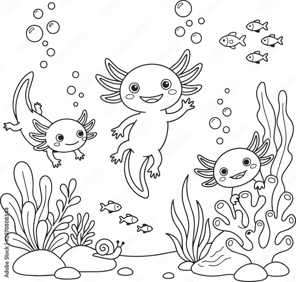 Fototapeta premium Cute Cartoon Animals Playing Underwater with Bubbles in Whimsical Illustration