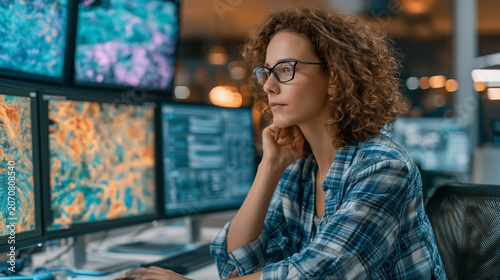 Businesswoman evaluating customer behavior insights generated by artificial intelligence, data analytics, modern workplace, commercial stock photo