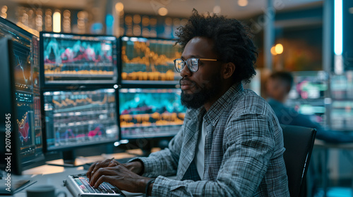 Business analyst interpreting machine learning trends and forecasts, enterprise technology, modern office, commercial stock image