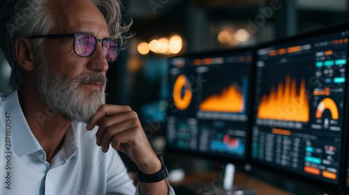 Executive using AI powered dashboard to monitor company performance, business intelligence, digital transformation, authentic corporate photography