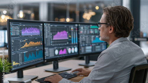 Business analyst reviewing AI powered analytics dashboard, predictive analytics, business intelligence, data driven decision making, modern office, authentic corporate photography