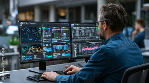 Executive using AI powered dashboard to monitor company performance, business intelligence, digital transformation, authentic corporate photography