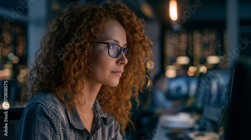 Corporate employee exploring AI powered business intelligence platform, operational efficiency, enterprise technology, realistic office environment