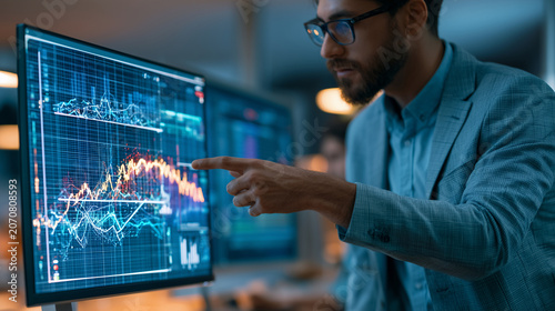 Entrepreneur reviewing AI powered business forecasts, predictive analytics, strategic planning, startup office, realistic people, stock image
