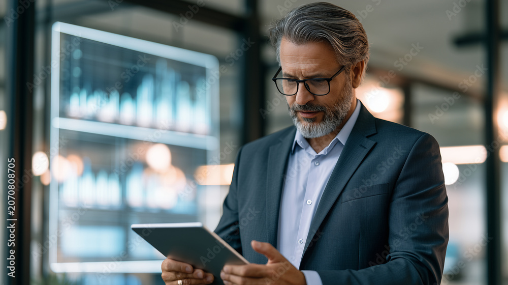 Fototapeta premium Executive reviewing AI generated market insights on tablet, strategic planning, enterprise AI, business innovation, leadership, modern office, premium stock photography
