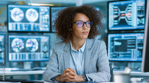 Businesswoman analyzing AI generated performance metrics, operational efficiency, enterprise technology, data driven decision making, professional workspace