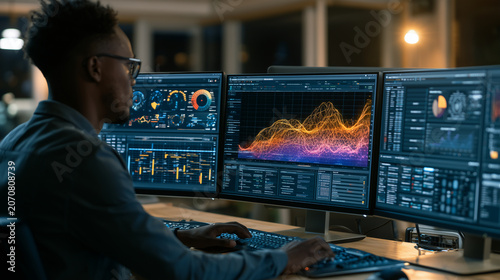 Business manager using machine learning powered dashboard for decision making, predictive analytics, business intelligence, digital workplace, realistic corporate environment