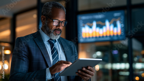 Executive reviewing AI generated market insights on tablet, strategic planning, enterprise AI, business innovation, leadership, modern office, premium stock photography