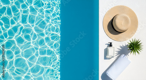 Summer vacation pool scene with hat, towel, and sunscreen on white background