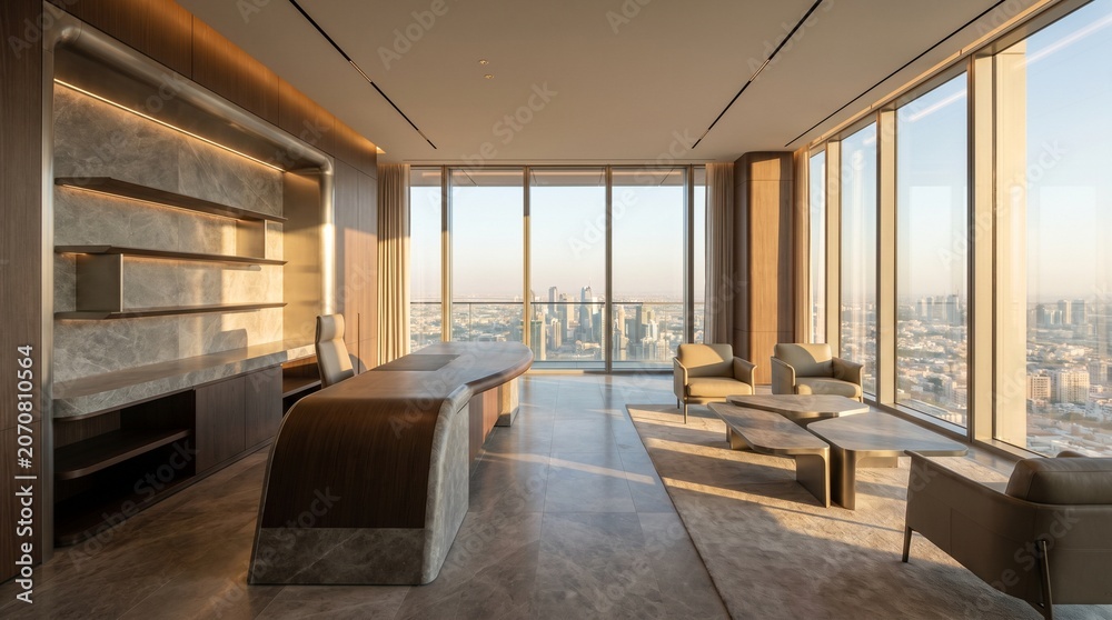 Fototapeta premium Expansive high-end executive office interior with impressive city views at golden hour and luxurious design