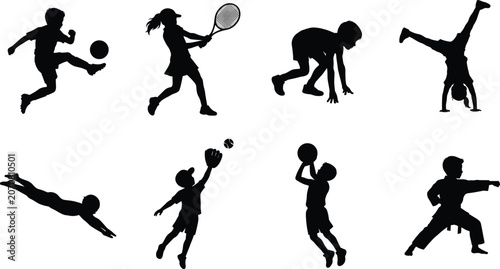 Active children playing various sports and athletic activities black vector silhouettes set for youth fitness concepts