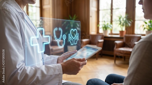 Doctor presenting medical information on digital tablet with glowing holographic health symbols to patient