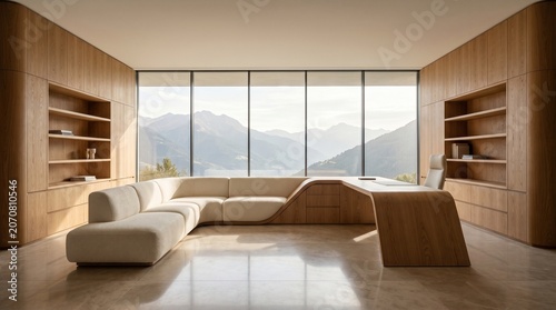 Luxurious modern minimalist office interior with panoramic mountain views and elegant wooden furnishings