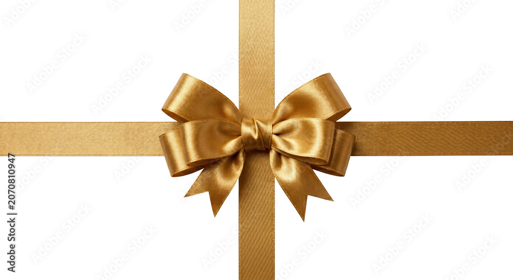 Fototapeta premium Elegant gold satin gift ribbon bow with cross ribbons