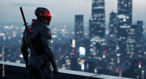 A futuristic soldier stands on a rooftop overlooking a cityscape at dusk with a sword