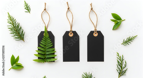 Three black gift tags with green leaves on a white background