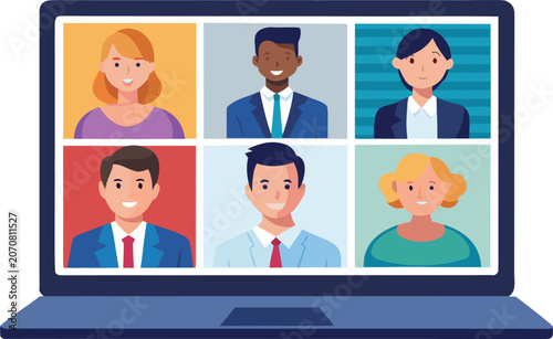 Video conference call with diverse business team laptop screen isolated on transparent background