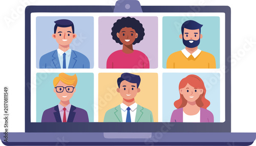 Diverse team virtual meeting on laptop screen isolated on transparent background