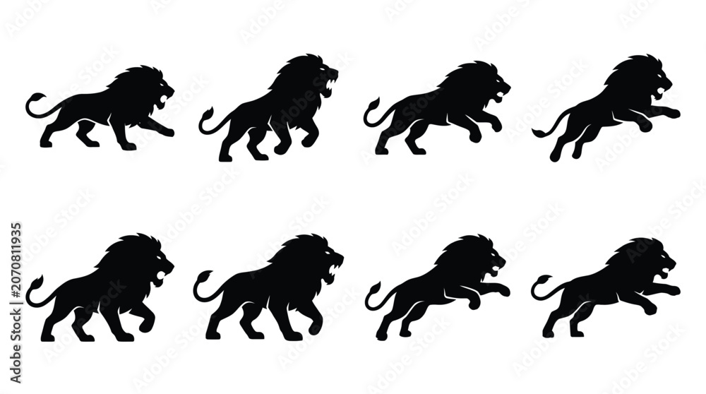 Obraz premium Black lion silhouettes running and walking Vector