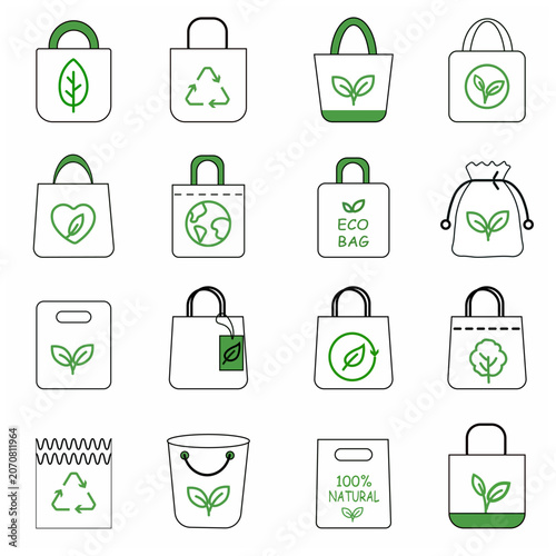 Reusable Eco Bag Collection Vector Illustration – Zero Waste, Organic, Recyclable Shopping Bag Line Icons Pack