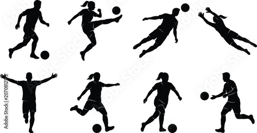 Professional soccer players action silhouettes set with male and female athletes kicking heading and celebrating