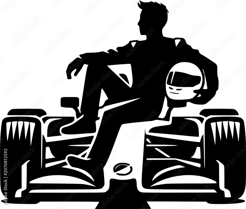 Naklejka premium Formula Racing Driver Sitting on Car and Holding Helmet Silhouette Vector