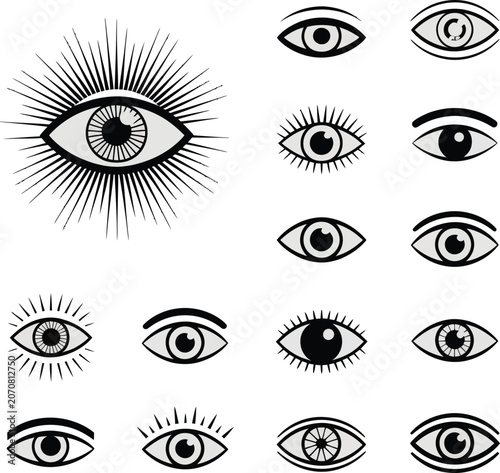 Various stylized eye illustrations with rays