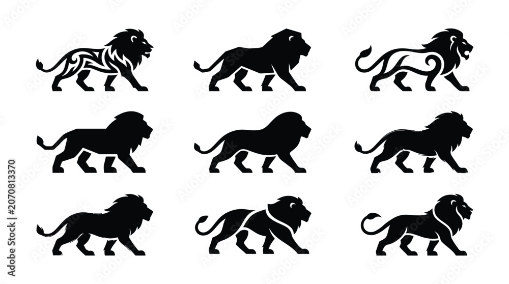 Naklejka premium Black lion silhouettes and tribal designs walking right Vector