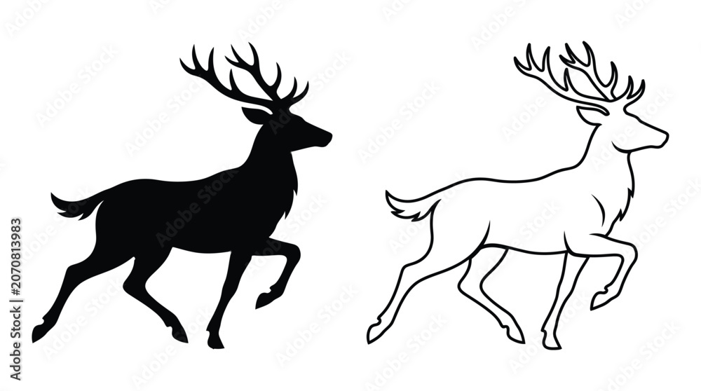 Fototapeta premium Deer Silhouette And Line Art Illustration On White Background Silhouette