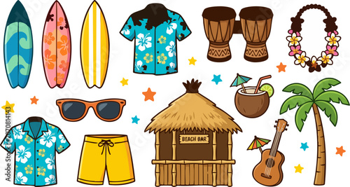 Colorful tropical summer items and beach accessories set Vector