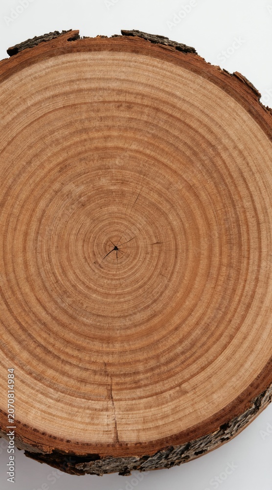 Obraz premium Tree trunk slice shows growth rings. Natural wood texture with rough bark edge. Brown circle pattern, organic background, aged timber detail.
