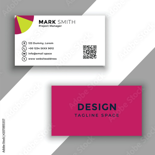 business card design template with pink and green accents on gray background