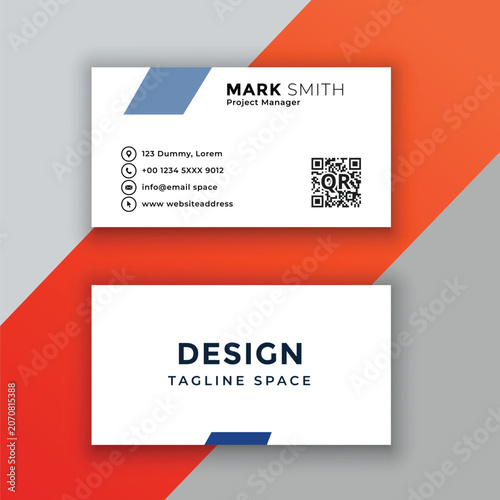 Business card design with QR code on white and orange background